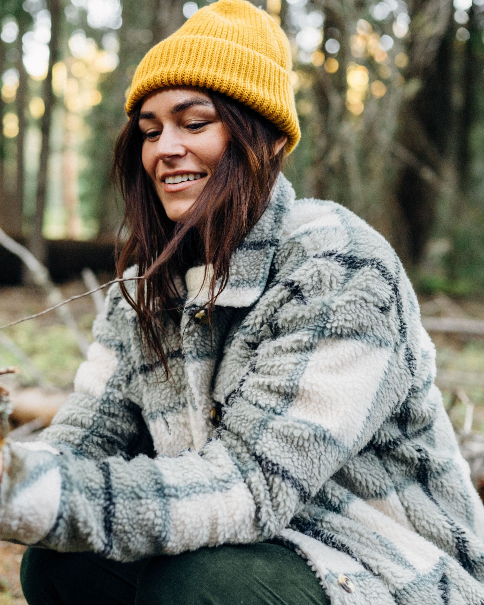 Cloudy Recycled Sherpa Fleece Shirt - Pistachio Check - Lifestyle