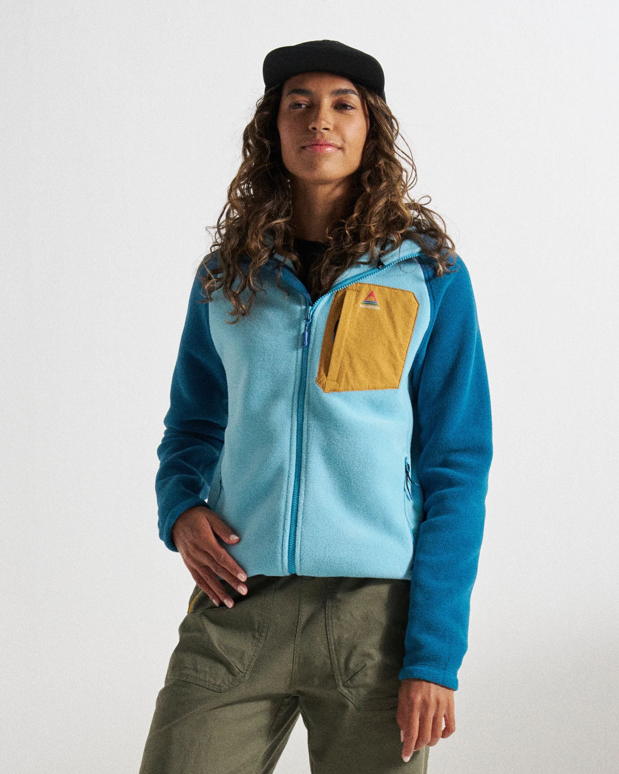 Sierrascape Women's Recycled Polartec® Fleece Hoodie - Retro Blue/Tidal Blue - Studio Model