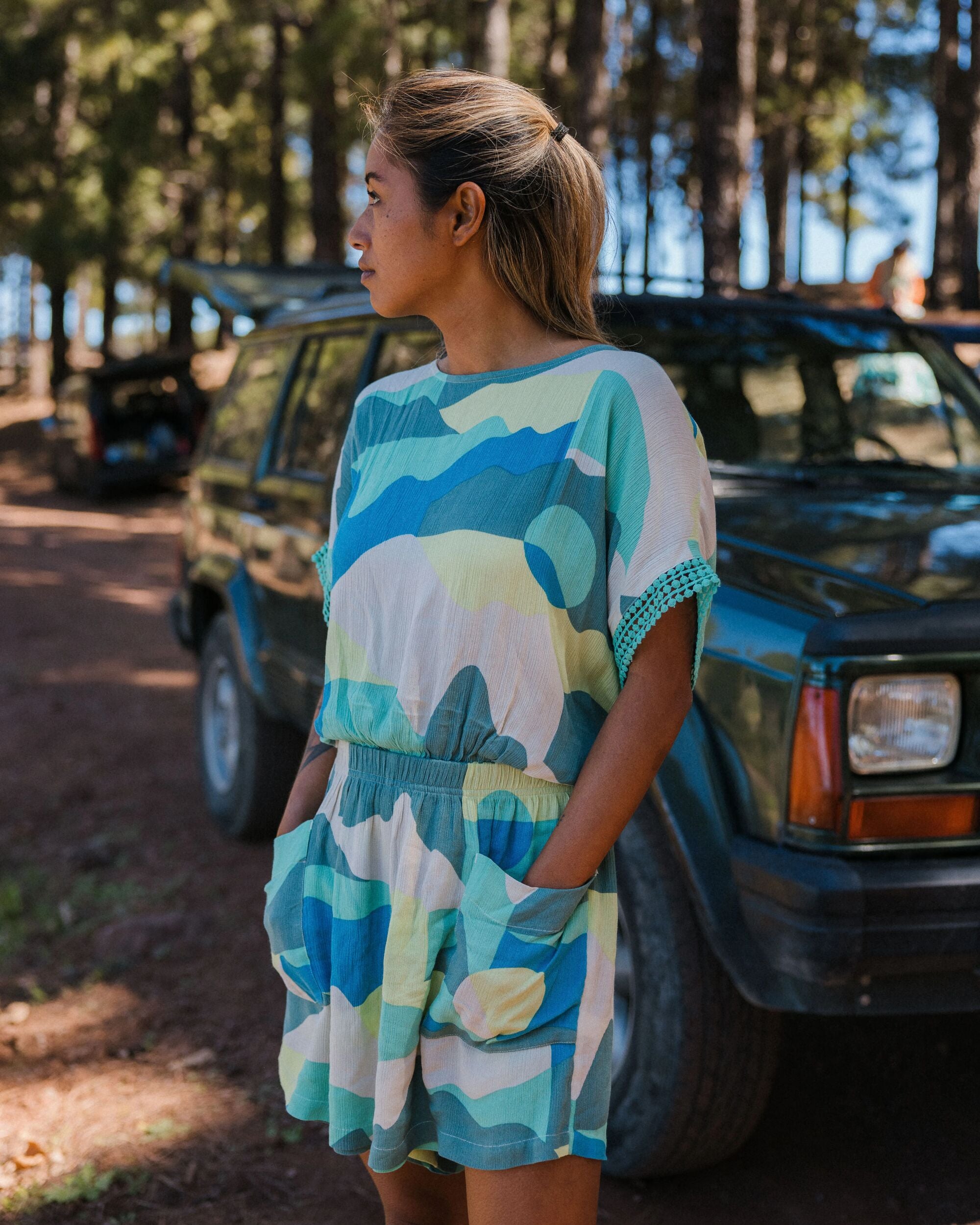 Clarity Short Skort Dress - Vista Patchwork Aqua - Lifestyle