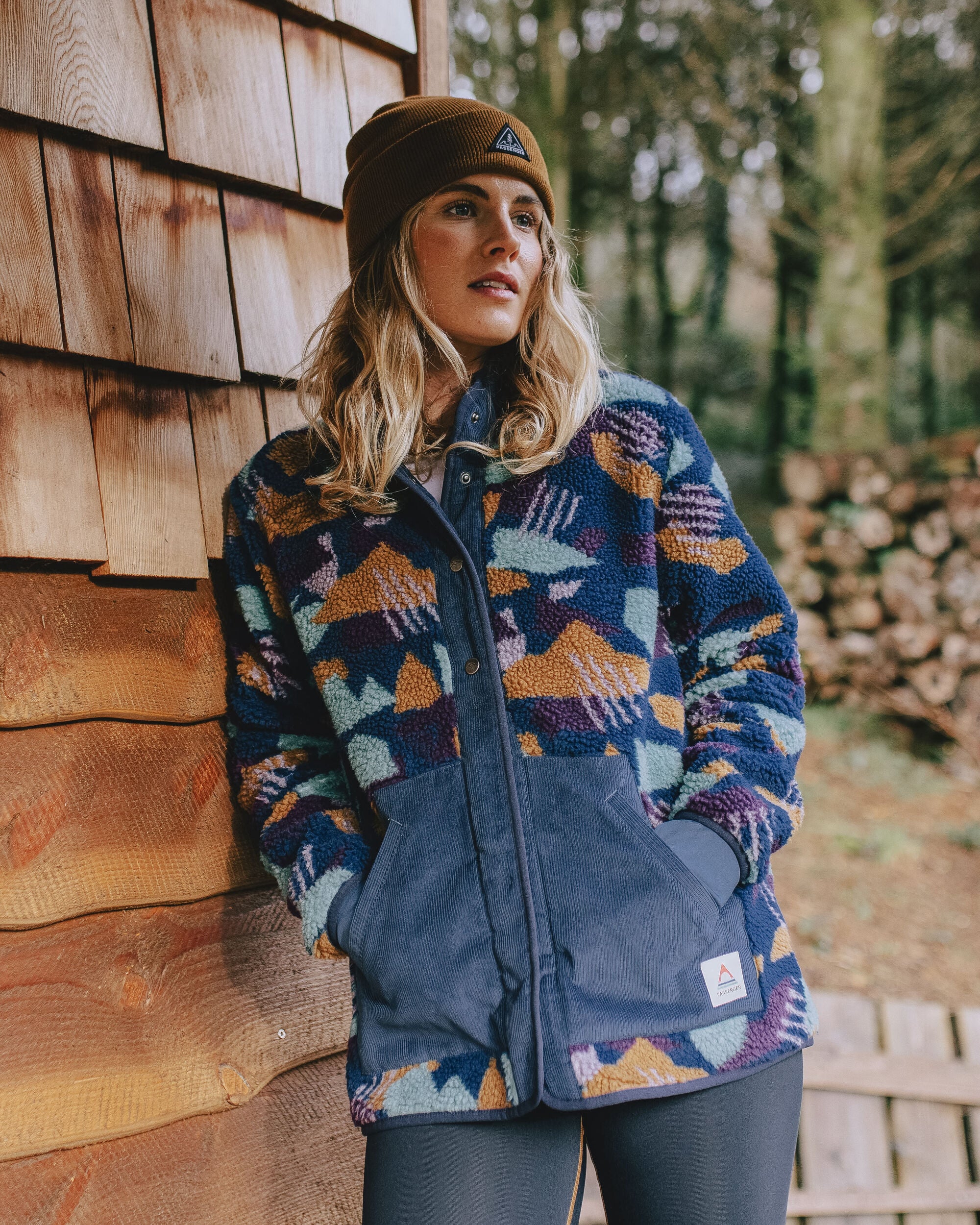 Clover Recycled Cotton-Lined Sherpa Fleece - Deep Blue Camo Pattern - Lifestyle