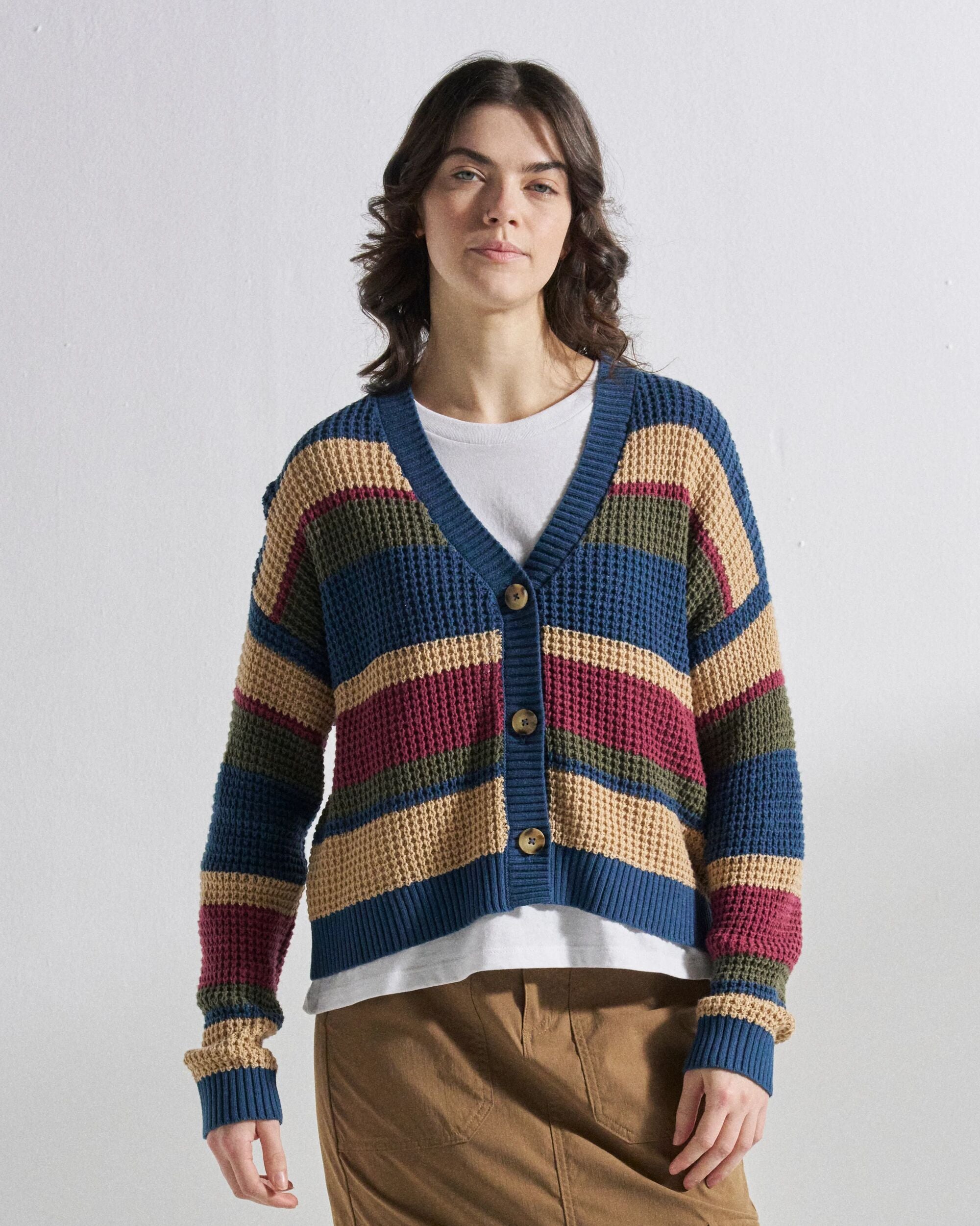 Reflection Open Knit Stripey Cardigan - Dusty Olive Multi Stripe - Studio Model