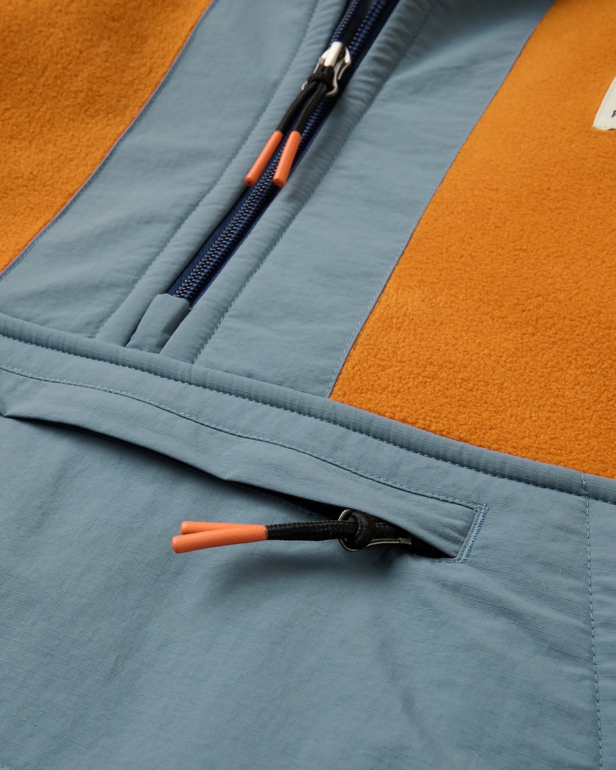 Woodland Hooded 1/2 Zip Recycled Polartec® Fleece - Retro Orange/Tidal Blue - Flatlay