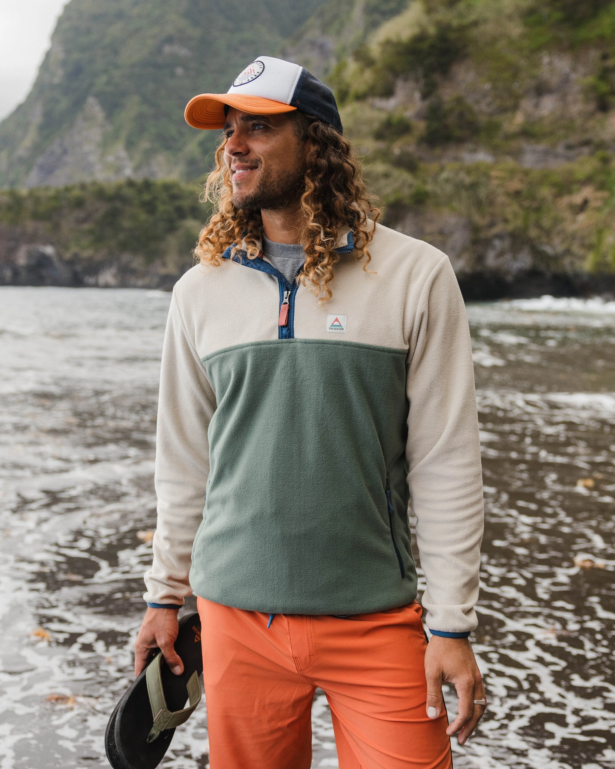 Set Off Recycled Polar 1/4 Zip Fleece - Oatmeal/ Dark Forest - Lifestyle