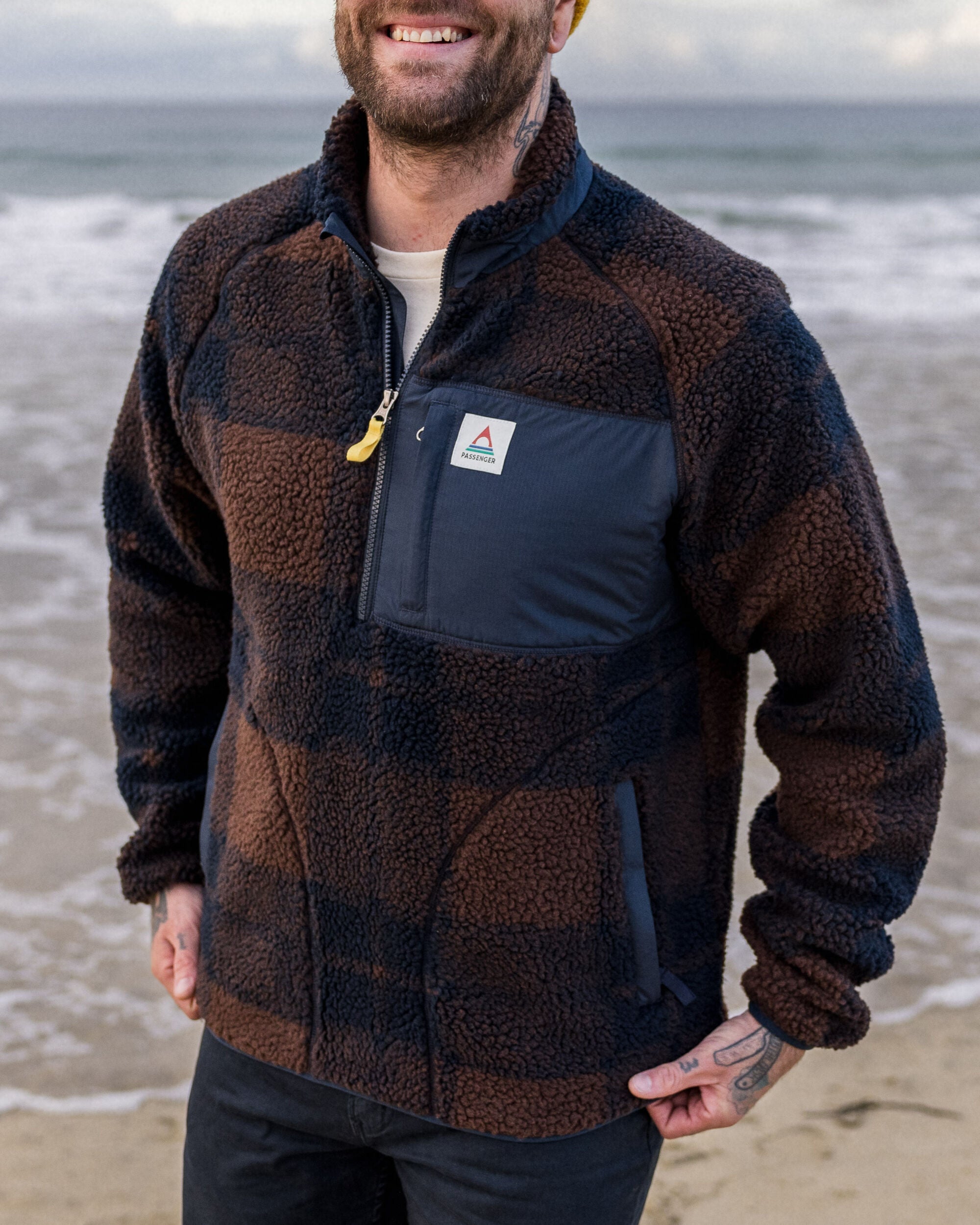Offroad Recycled Sherpa 1/2 Zip Fleece - Chestnut/Deep Navy Check - Lifestyle