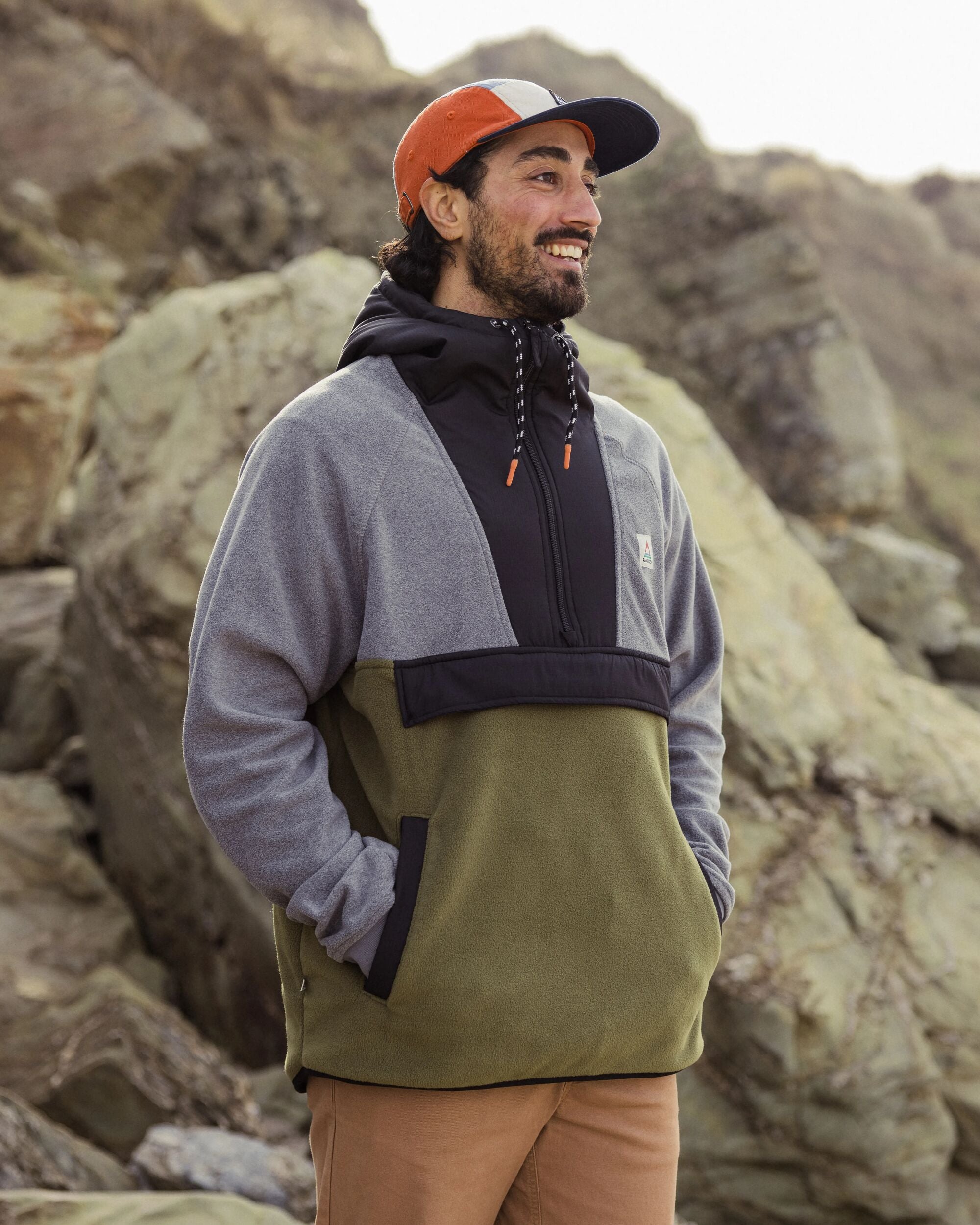 Woodland Hooded 1/2 Zip Recycled Polar Fleece - Grey Marl/Khaki - Lifestyle