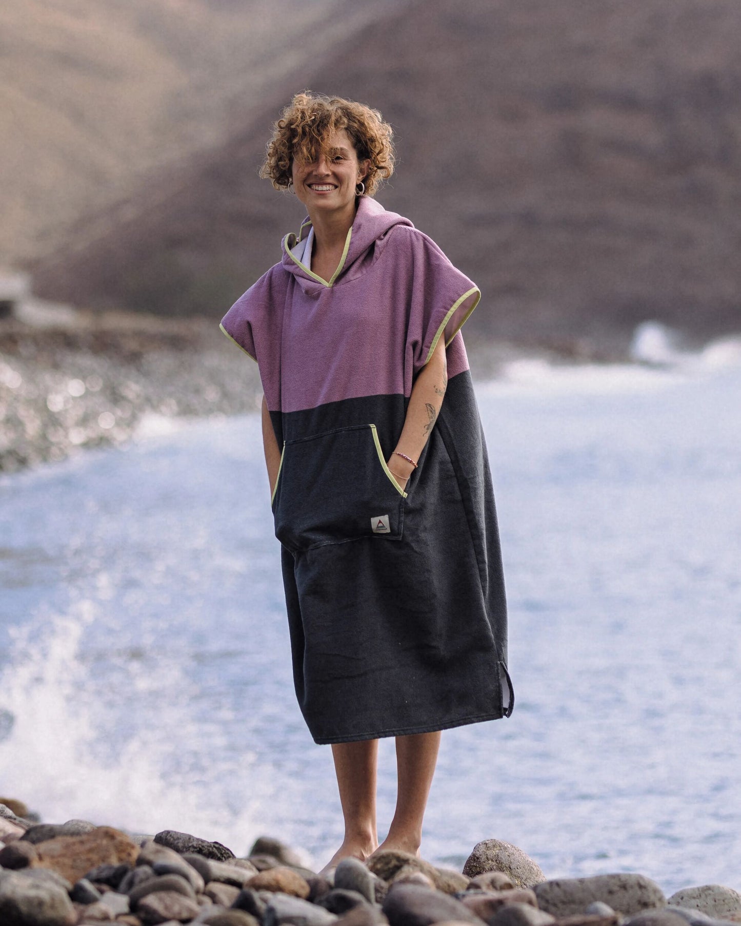 Tulum Recycled Towel Poncho - Grape / Charcoal - Lifestyle - Female