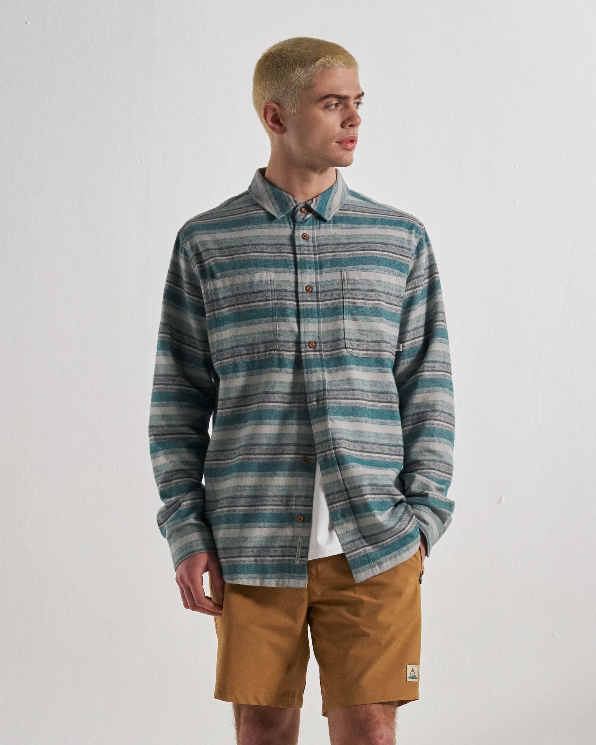 Backcountry Stripe Light Shirt - Grey Marl/Mediterranean Stripe - Studio Model