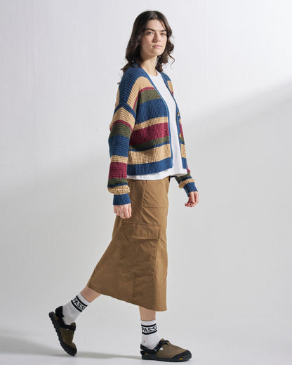 Reflection Open Knit Stripey Cardigan - Dusty Olive Multi Stripe - Studio Model