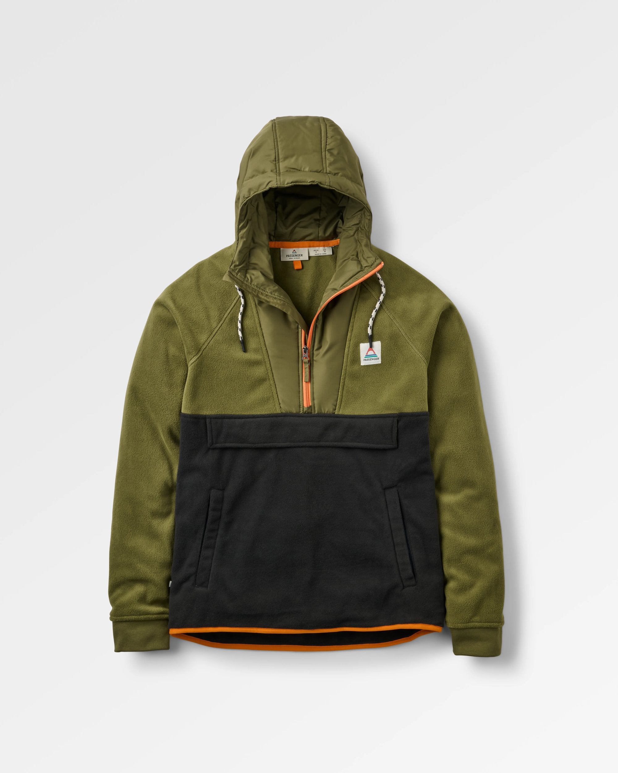 Woodland Hooded 1/2 Zip Recycled Polar Fleece - True Black/ Khaki - Flatlay