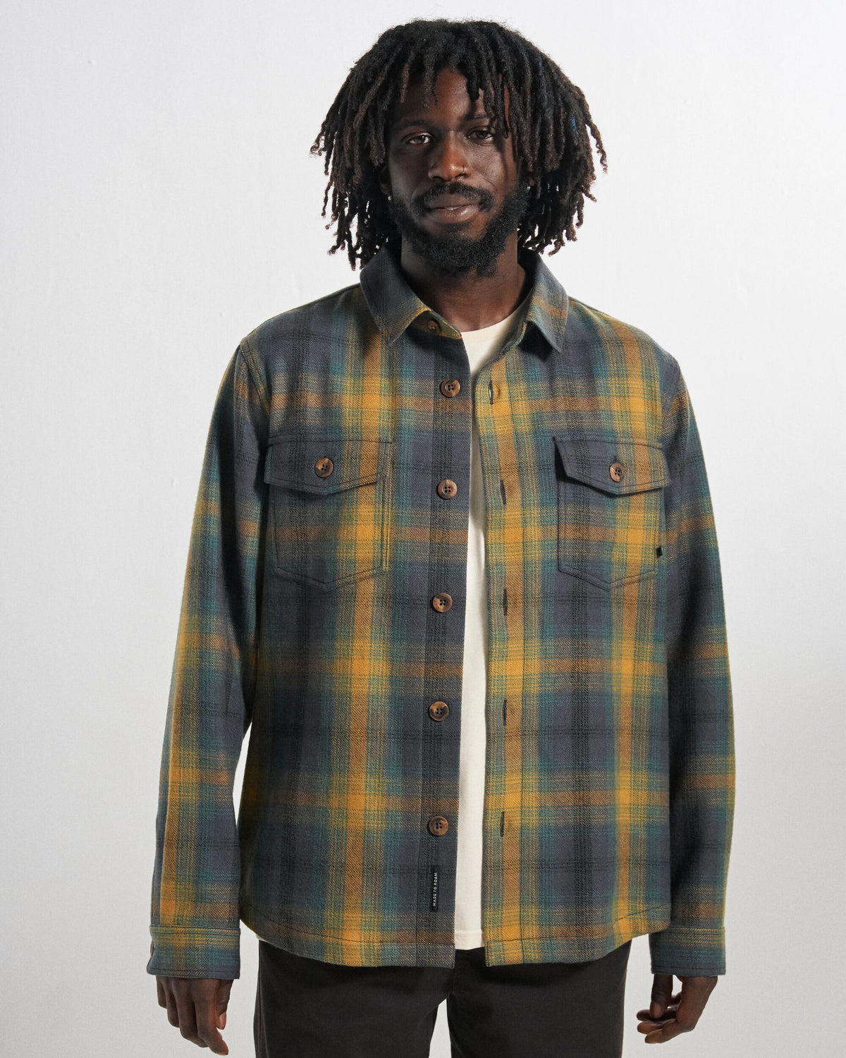 Barren Wool Blend Overshirt - Dusty Ochre/Charcoal Check - Studio Model