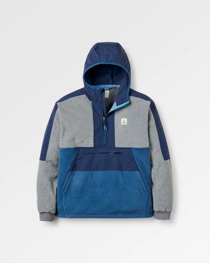Woodland Hooded 1/2 Zip Recycled Polartec® Fleece - Grey Marl/Dark Denim - Flatlay