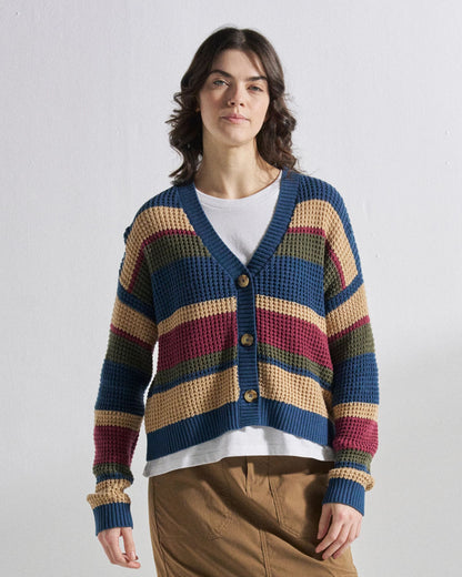 Reflection Open Knit Stripey Cardigan - Dusty Olive Multi Stripe - Studio Model
