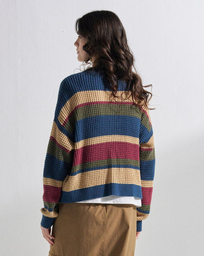 Reflection Open Knit Stripey Cardigan - Dusty Olive Multi Stripe - Studio Model