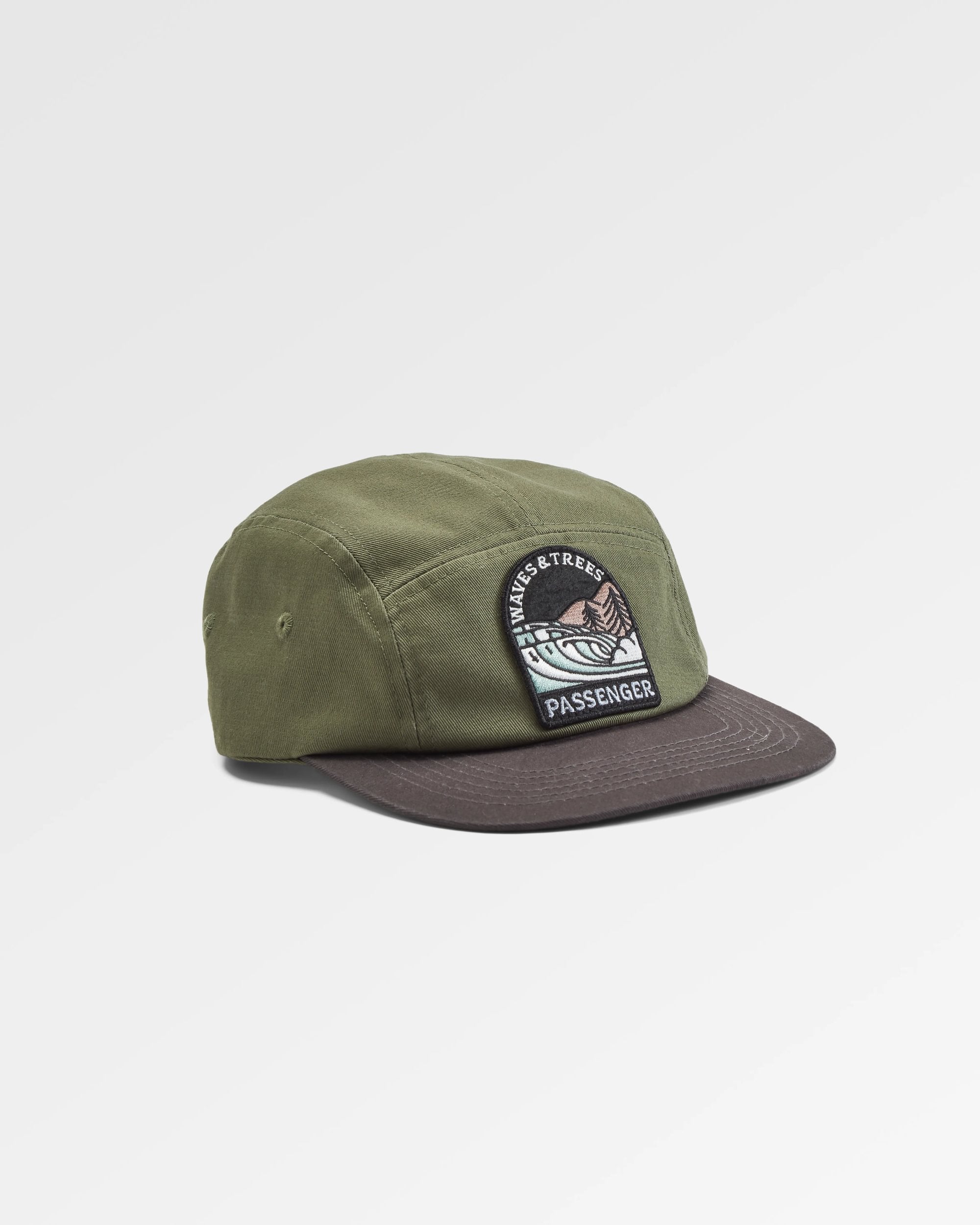 Waves & Trees Recycled 5 Panel Cap - Dusty Olive - Flatlay