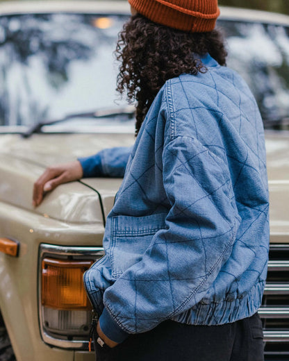 Lucia Denim Sherpa Lined Bomber Jacket - Denim Blue - Lifestyle