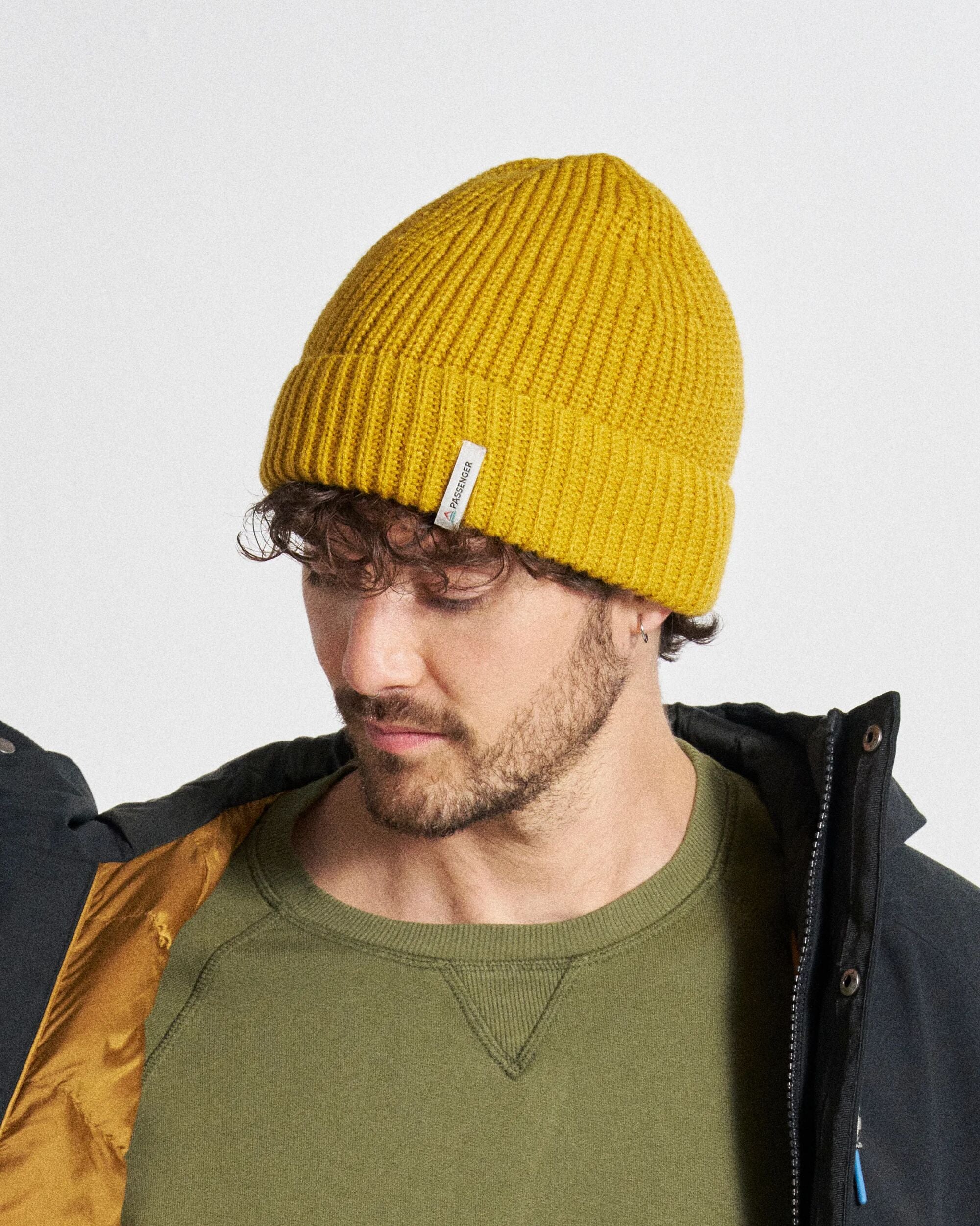 Compass Recycled Beanie - Mustard Yellow - Studio Model - Male