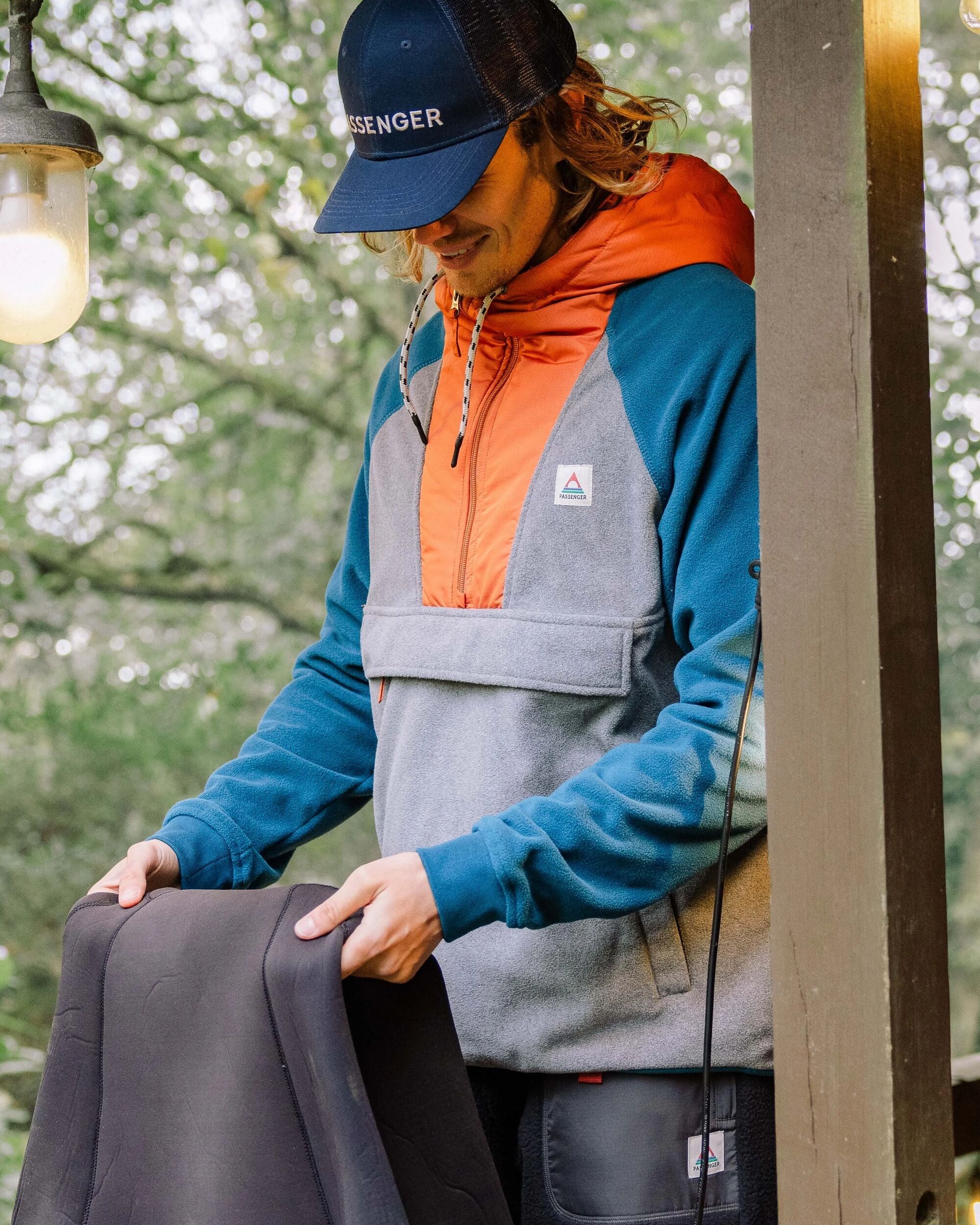 Woodland Hooded 1/2 Zip Recycled Polar Fleece - Grey Marl/ Tidal Blue - Lifestyle