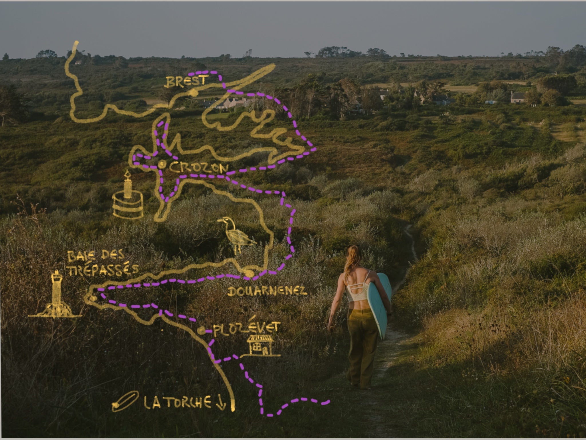 Map of coastal towns with a person holding a surfboard in a grassy field.