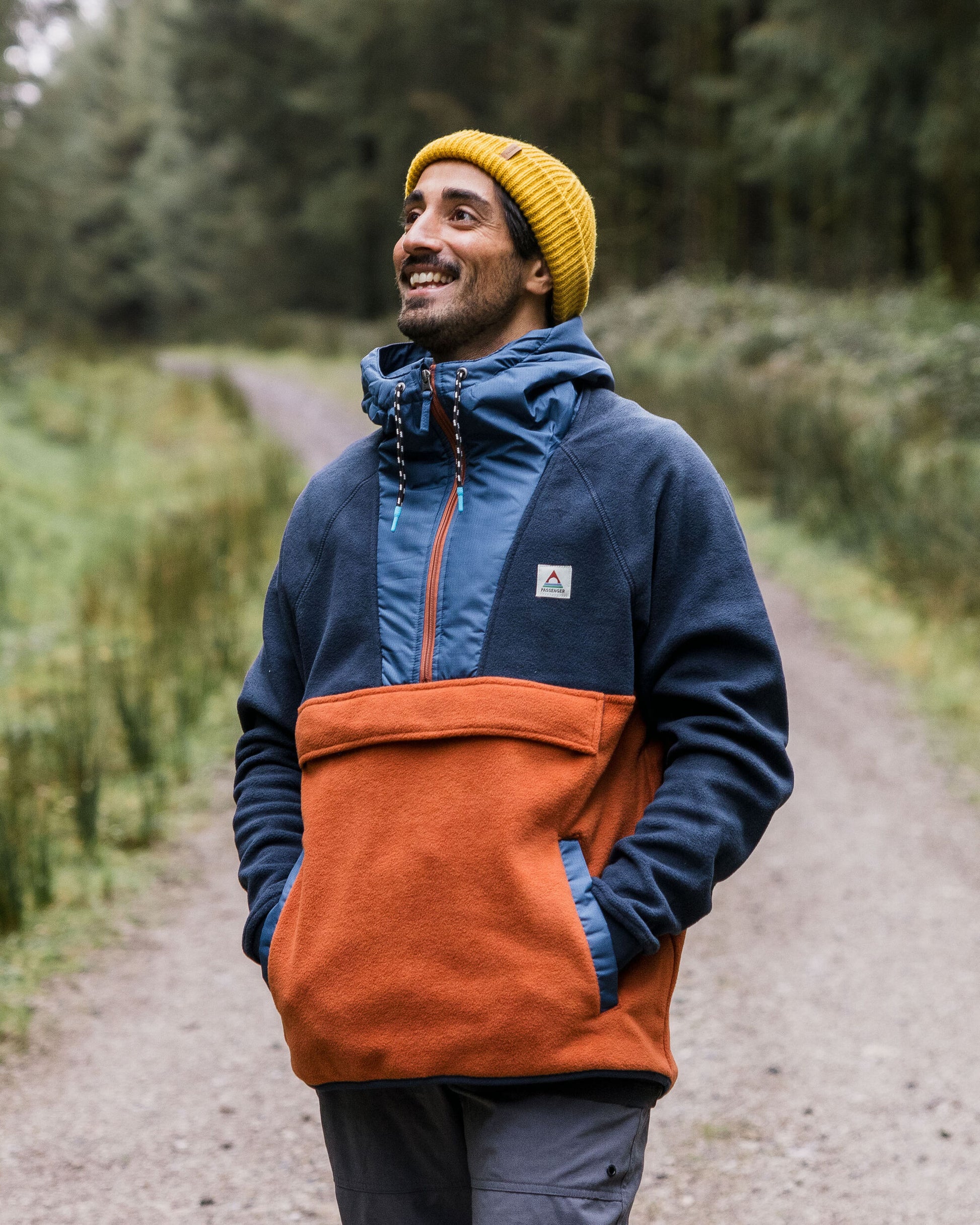 Woodland Hooded 1/2 Zip Recycled Polar Fleece - Deep Navy/Baked Clay