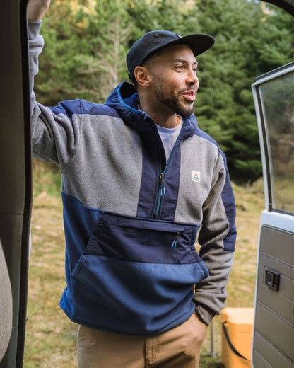 Woodland Hooded Recycled Polartec® Fleece - Grey Marl/Dark Denim - Lifestyle