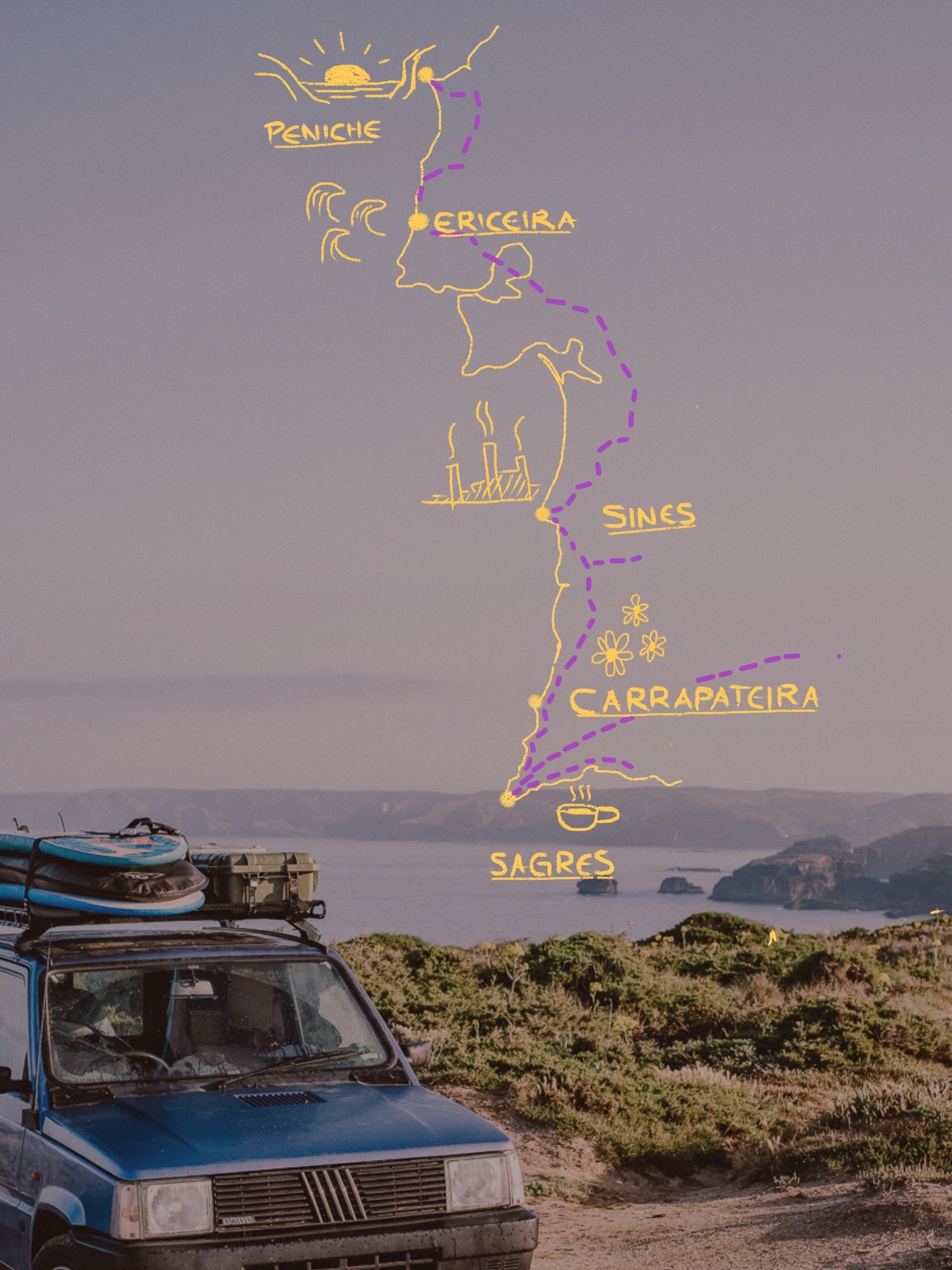 Map of a coastal route with a blue van on a hillside.