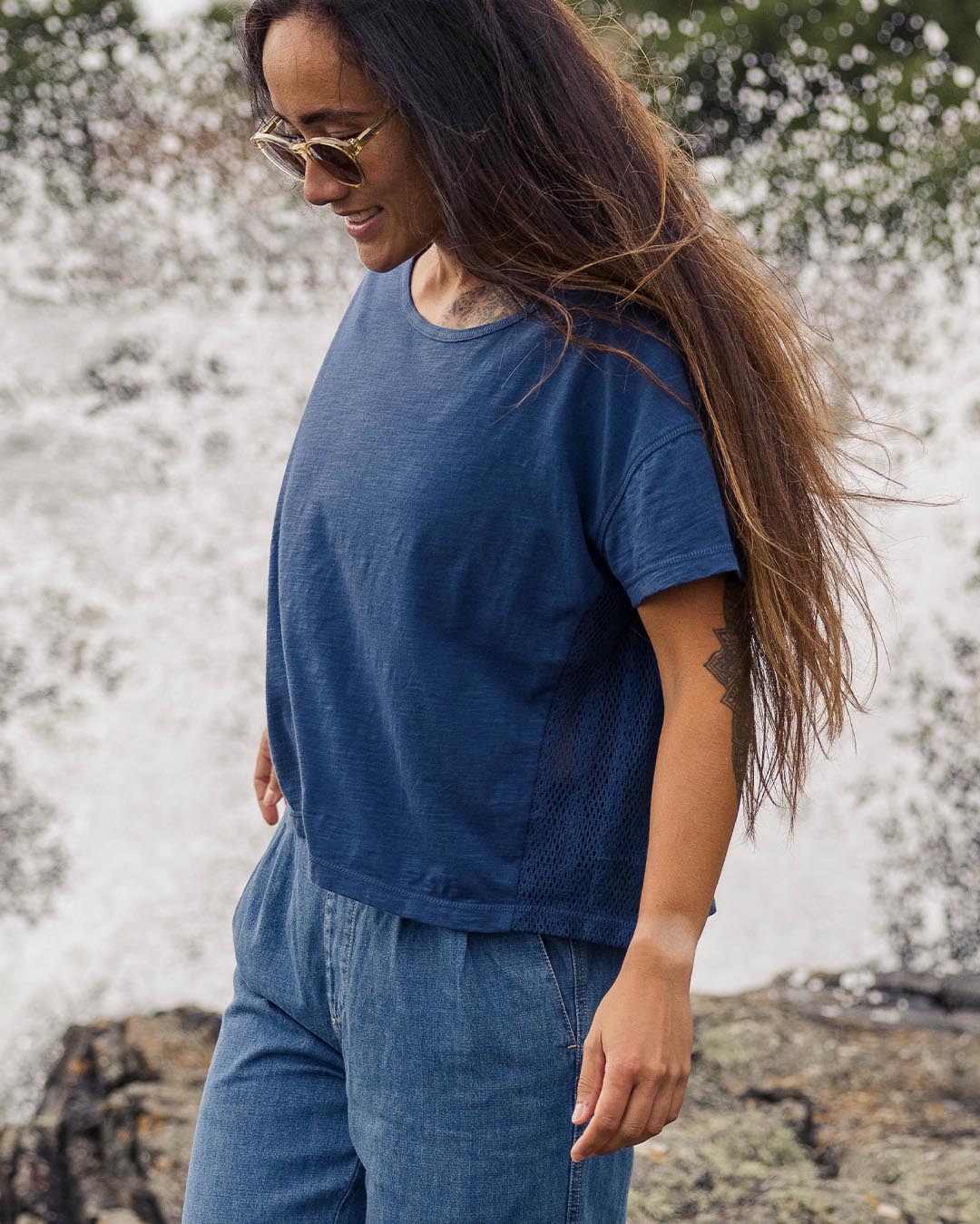 Magnolia Recycled Cotton Crochet Trim T-Shirt - Dark Denim