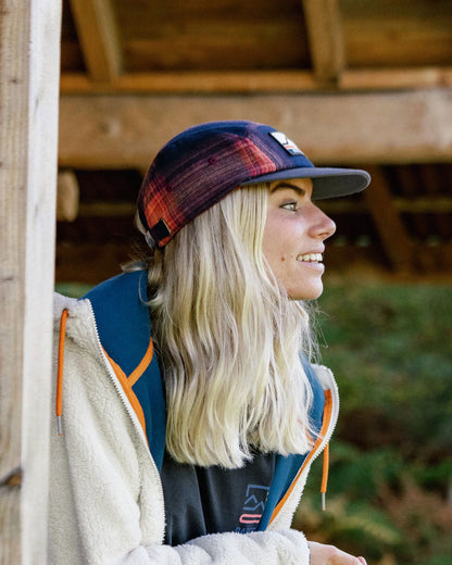 Womens_Fixie Recycled Flannel 5 Panel Cap - Rich Navy/ Red Ochre Check